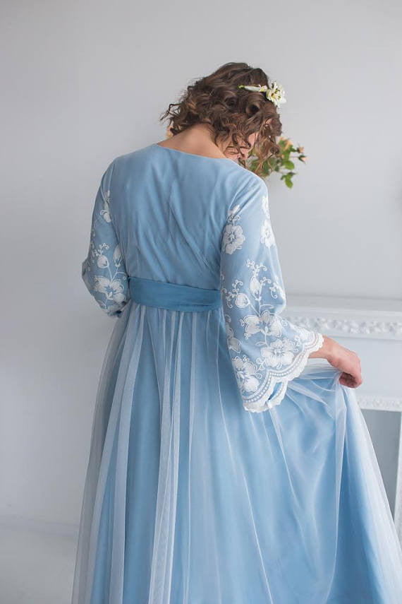 Bridal Robe from my Paris Inspirations Collection - Statement Sleeves in Dusty Blue Floral Scalloped