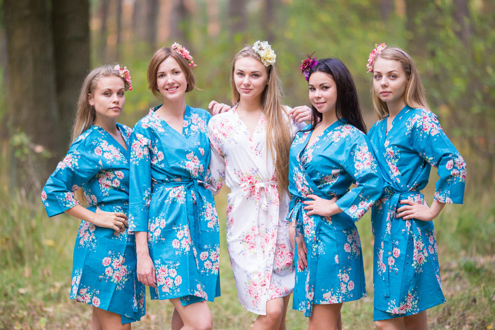 Peacock Blue Faded Floral Robes for bridesmaids