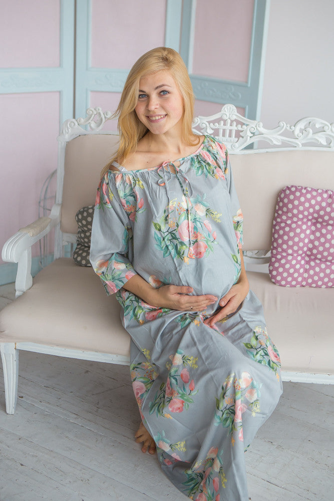 Mommies in Light Gray Floral Night Gowns