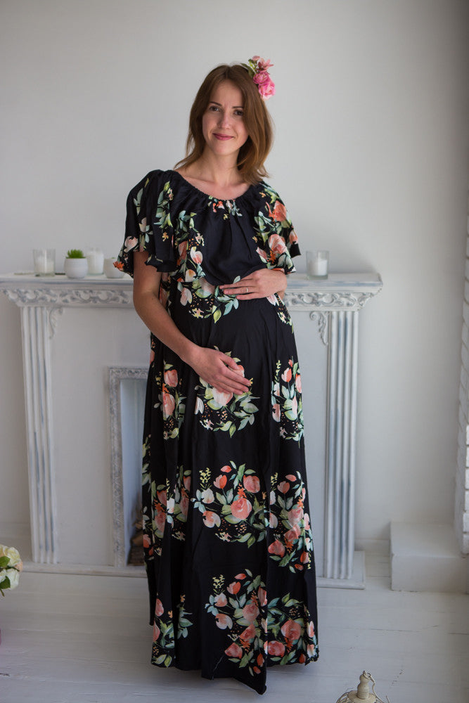 Mommies in Black Floral Maxi Dresses 