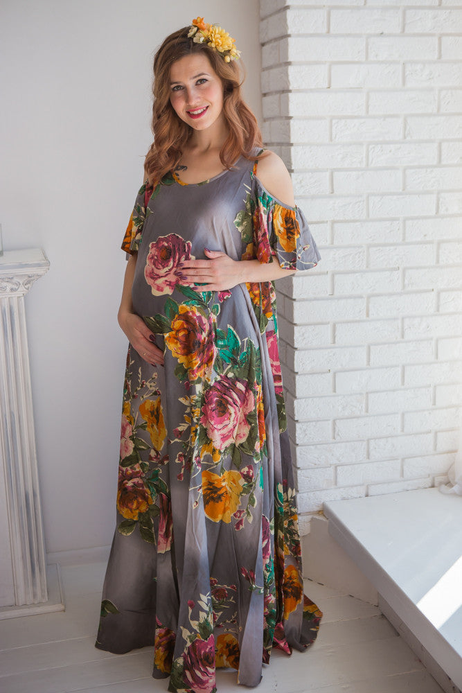 Mommies in Gray Floral Maxi Dresses 