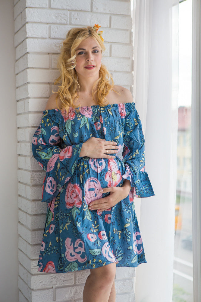 Mommies in Dusty Blue Floral Shift Dresses