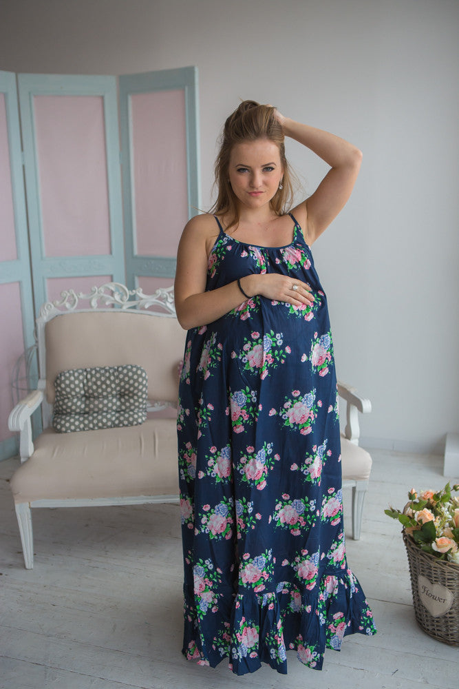 Mommies in Navy Blue Floral Night Gowns