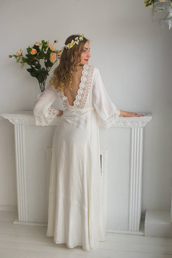 V Back in White in Lace Trimmed Bridal Robe – robesbysilkandmore