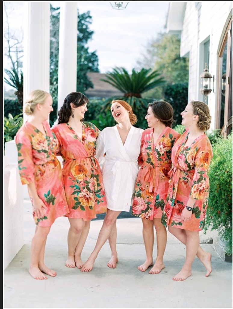  Large Floral Blossom Bridesmaids Robes in Coral