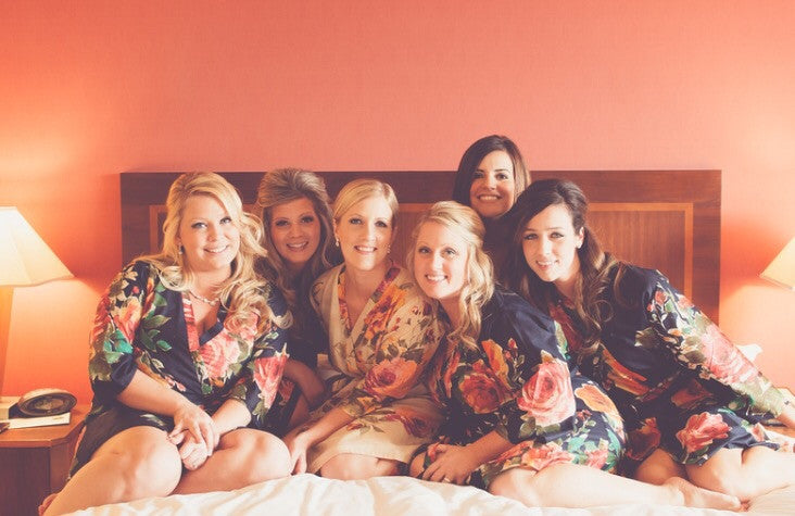 Black Large Floral Blossom Robes for bridesmaids | Getting Ready Bridal Robes