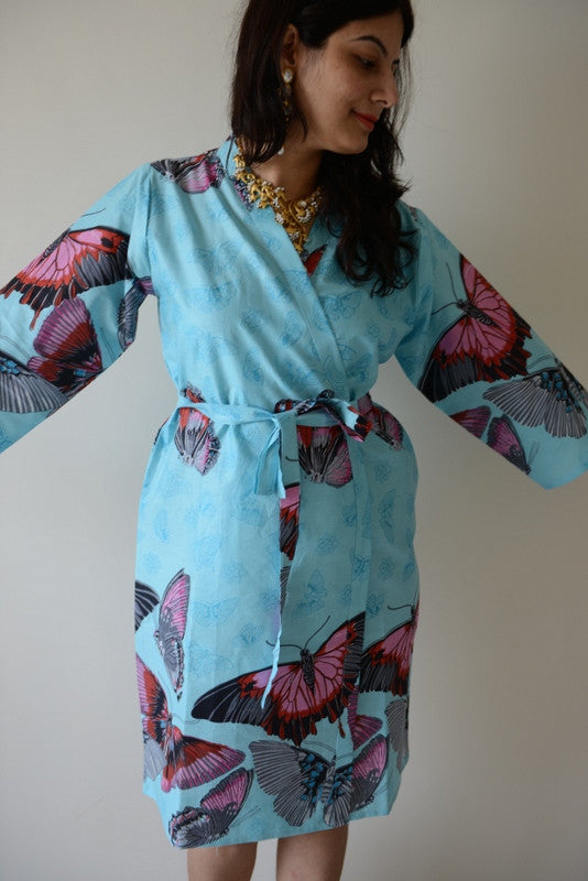 Light Blue All Over Butterflies Robes for bridesmaids | Getting Ready Bridal Robes