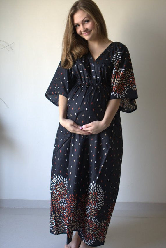 Black Abstract Floral Empire Waist Nursing Gown