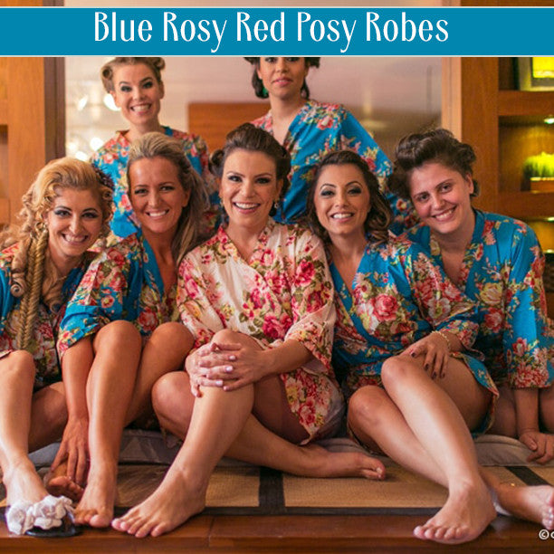 Set of 7 Bridesmaids Robes in Navy Blue Red Rosy Posy- Floral wedding Robes 
