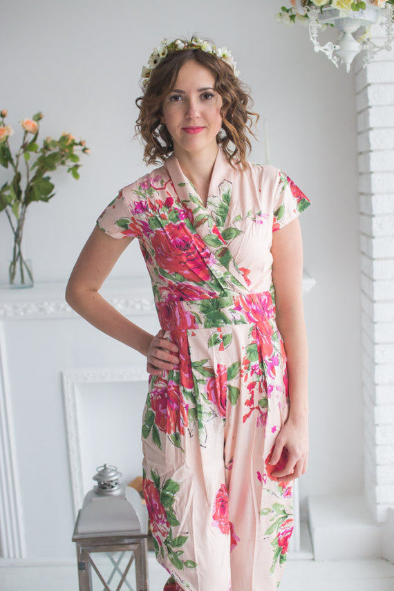 Blush Collared Style Bridesmaids Jumpsuits in Fuchsia Large Floral Blossom Pattern