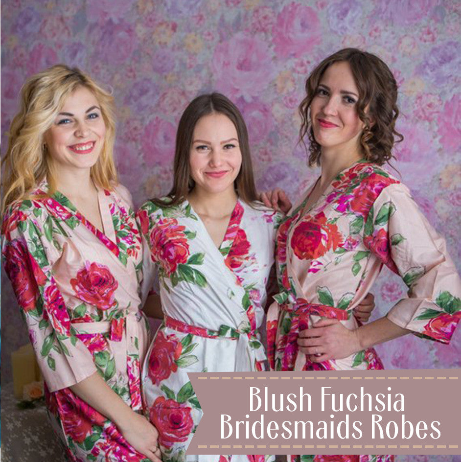 Pink  Large Fuchsia Floral Blossoms  Set of Bridesmaids Robes