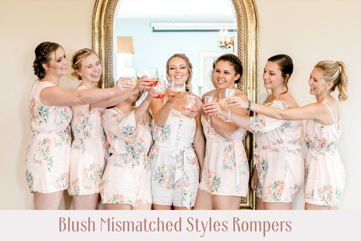 Dusty Mauve Mismatched Styles Bridesmaids Rompers in Dreamy Angel Song Pattern
