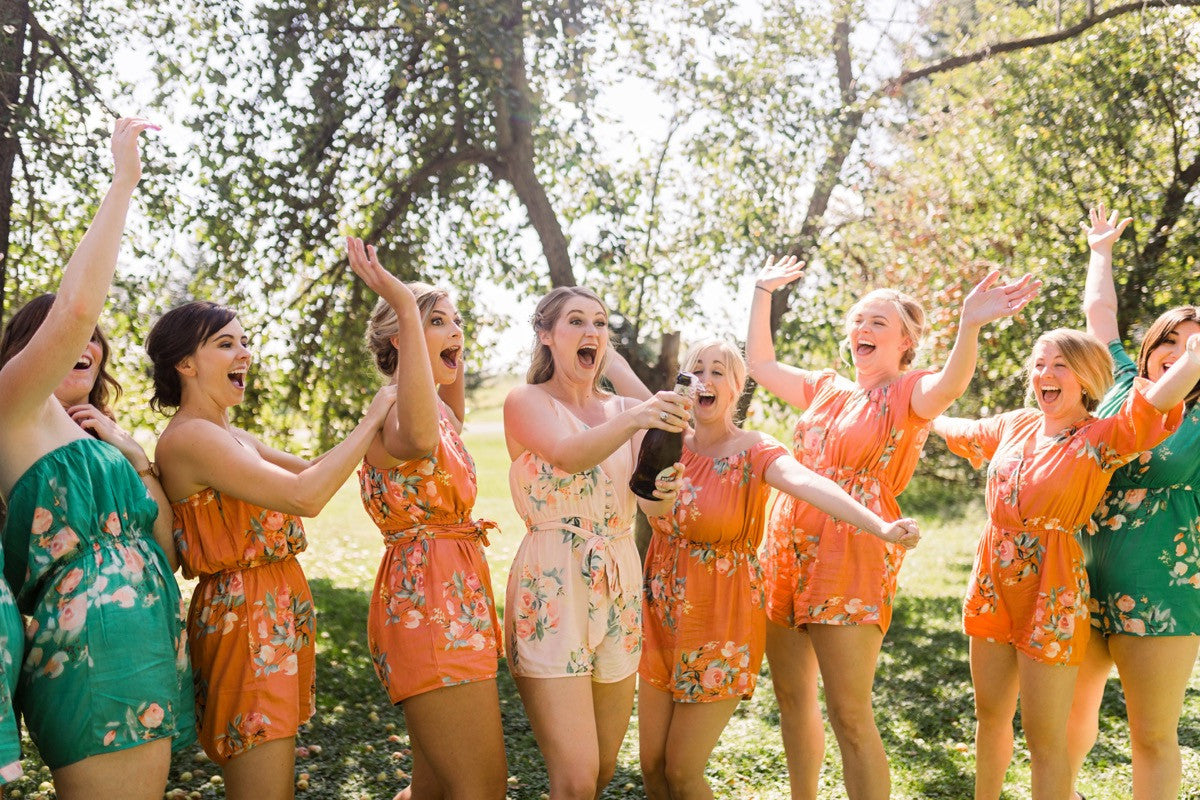 Copper, Teal and Blush Mismatched Styles Bridesmaids Rompers in Dreamy Angel Song Pattern