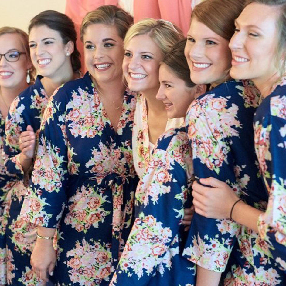 Dark Blue Floral Posy Bridesmaids Robes Set