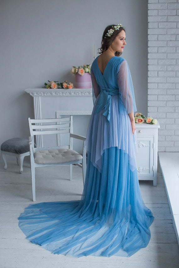 Dusty Blue Mismatched Bridal Robe from my Paris Inspirations Collection - Asymmetrical Beauty in Dusty Blue