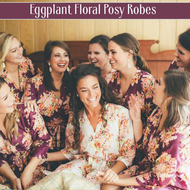Set of 7 Bridesmaids Robes- Floral Posy in Eggplant