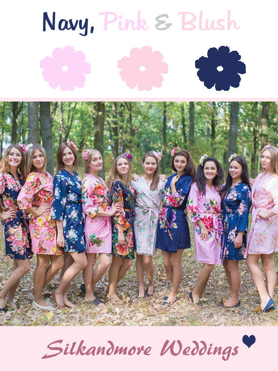 Navy Blue, Pink and Blush Wedding Colors Bridesmaids Robes – robesbysilkandmore