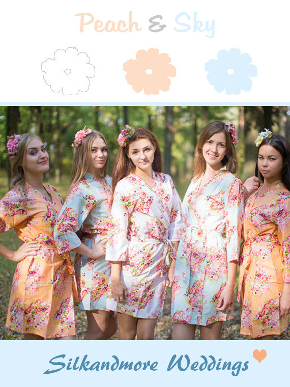 Peach and Light Blue Wedding Color Bridesmaids Robes – robesbysilkandmore