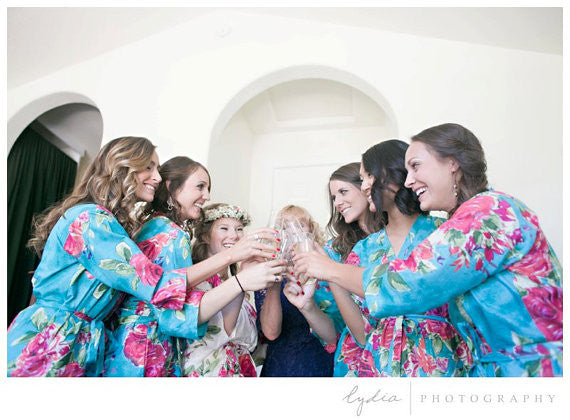 Blue Large Fuchsia Floral Blossoms Robes for bridesmaids | Getting Ready Bridal Robes