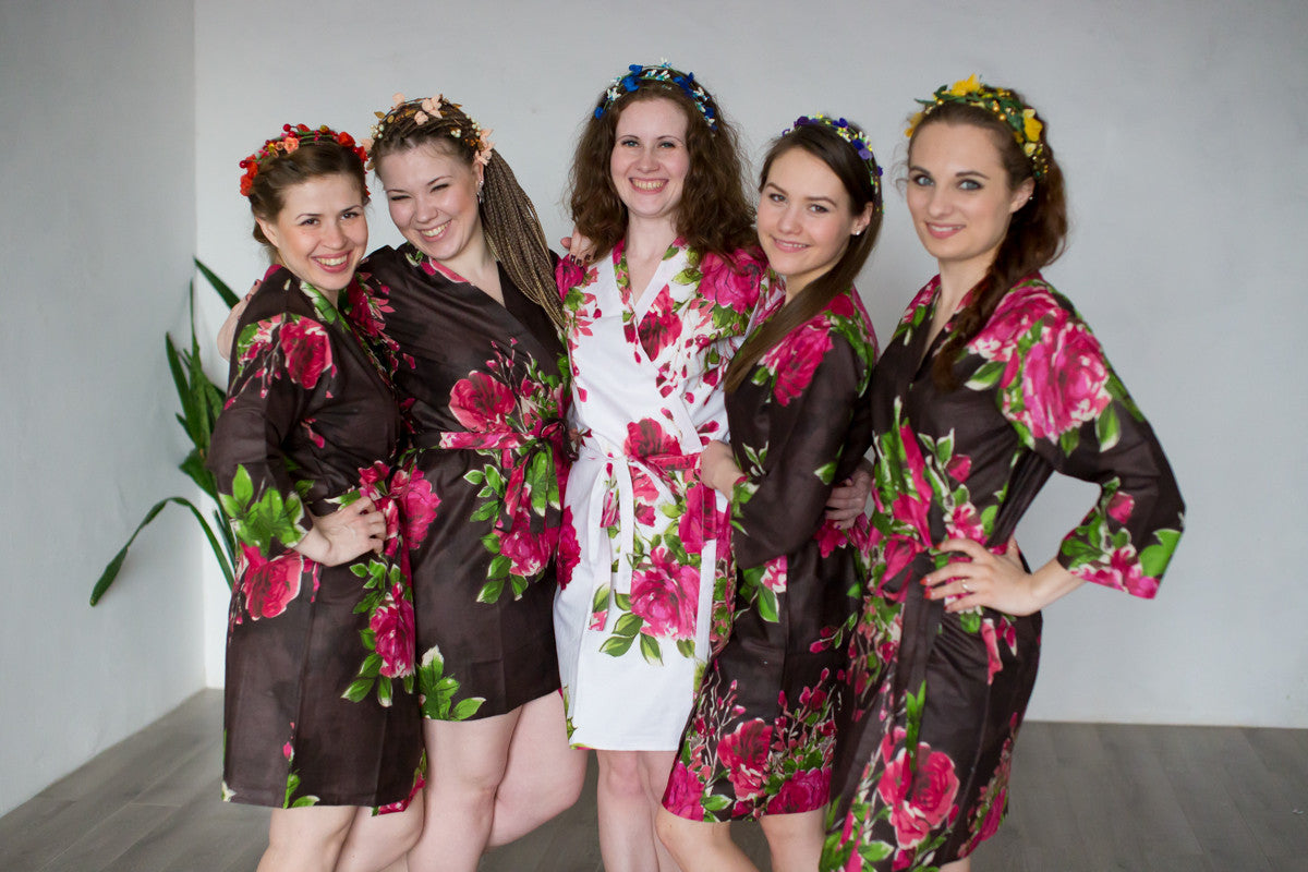 Dark Brown Large Fuchsia Floral Blossoms Robes for bridesmaids | Getting Ready Bridal Robes