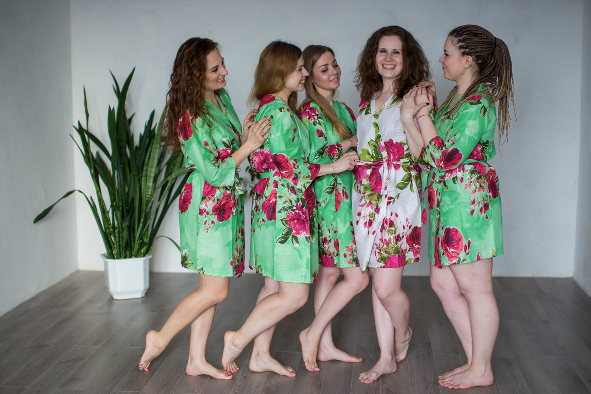 Mint Large Fuchsia Floral Blossoms Robes for bridesmaids | Getting Ready Bridal Robes