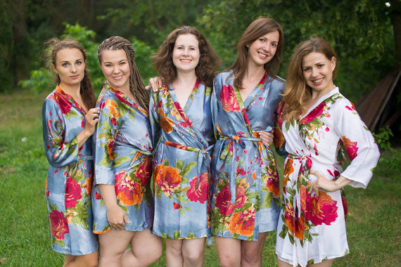 Gray Large Floral Blossom Silk Bridesmaids robes 