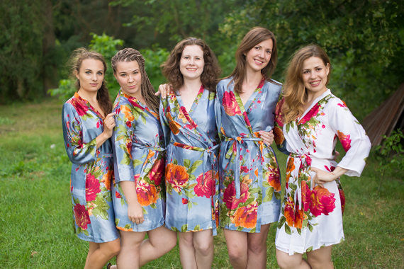 Gray Large Floral Blossom Silk Bridesmaids robes