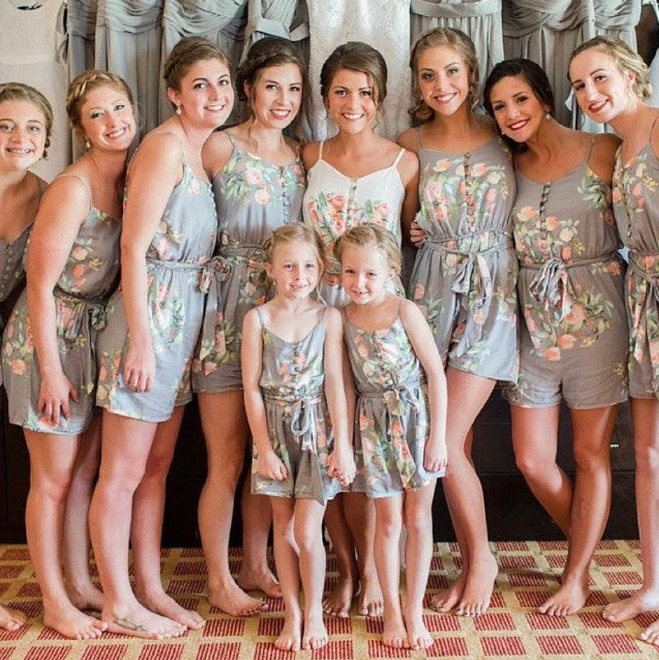 Gray Belted Slip Style Bridesmaids Rompers in Dreamy Angel Song Pattern