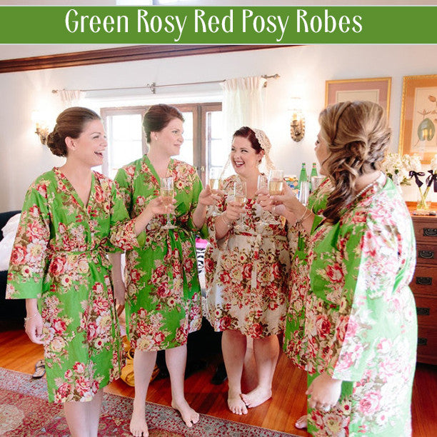 Gray Rosy Red Posy  Set of Bridesmaids Robes
