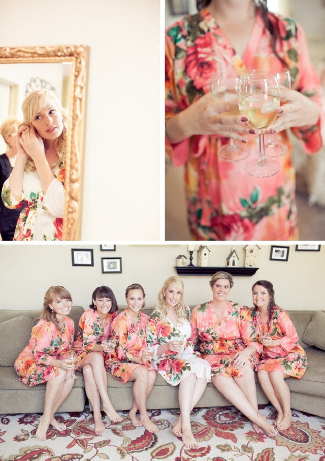Coral Large Floral Blossom Robes for bridesmaids | Getting Ready Bridal Robes