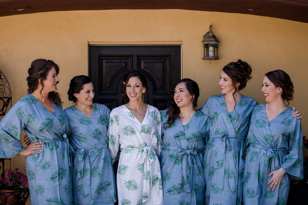 Dusty Blue Tropical Delight Palm Leaves Bridesmaids Robes Set