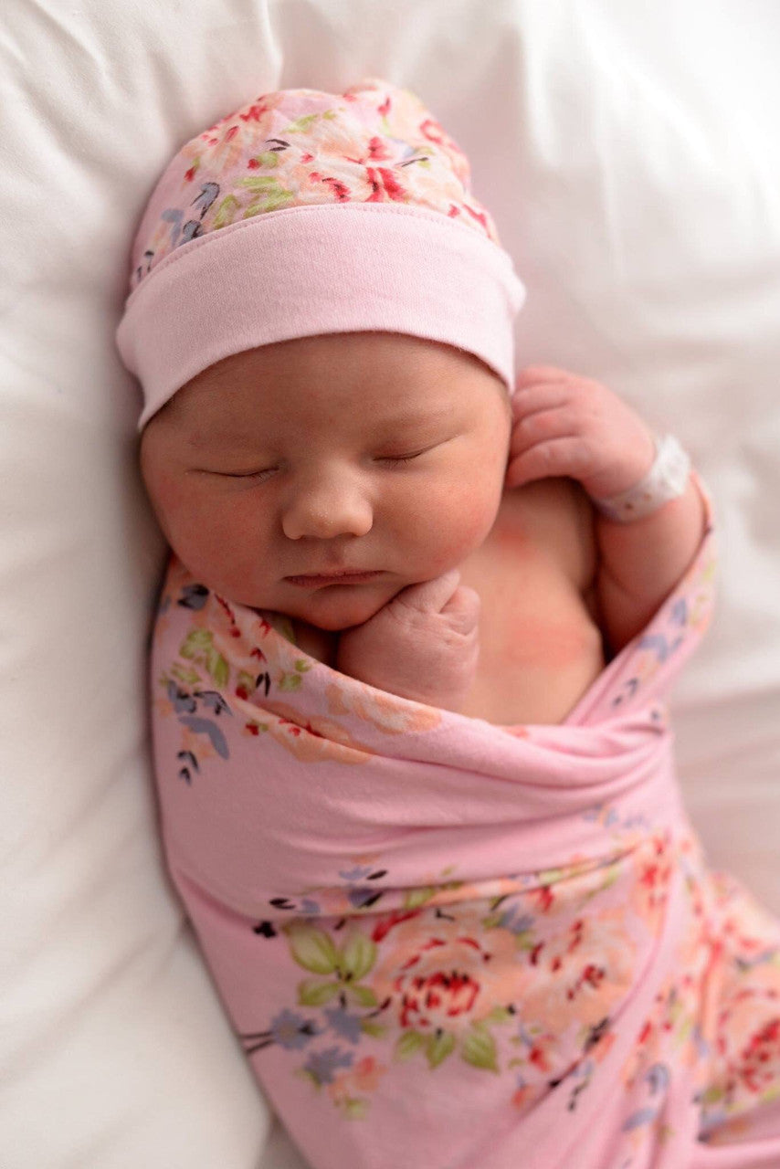 Set of Swaddle + Newborn Baby Beanie Hat - Pink Faded Flowers Pattern