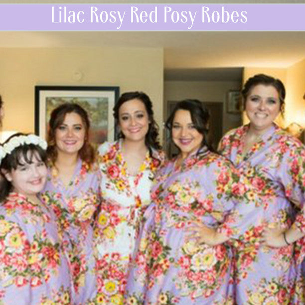 Purple Rosy Red Posy Bridesmaids Robes Set