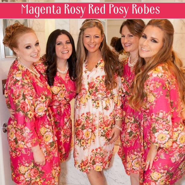 Set of 5 Bridesmaids Robes in Navy Blue Red Rosy Posy- Floral wedding Robes 
