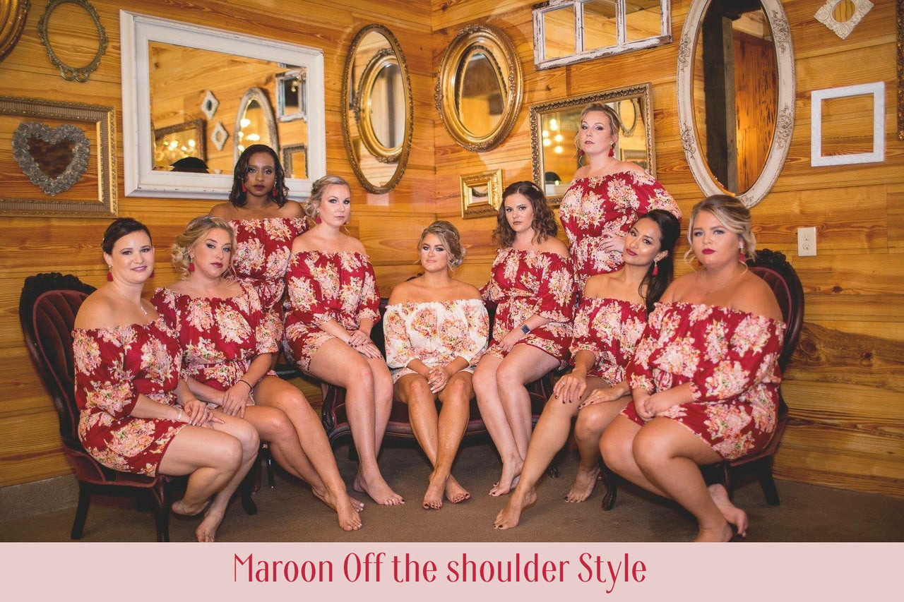 Blush and Rosegold Off the shoulder Style Bridesmaids Rompers in Floral Posy Pattern
