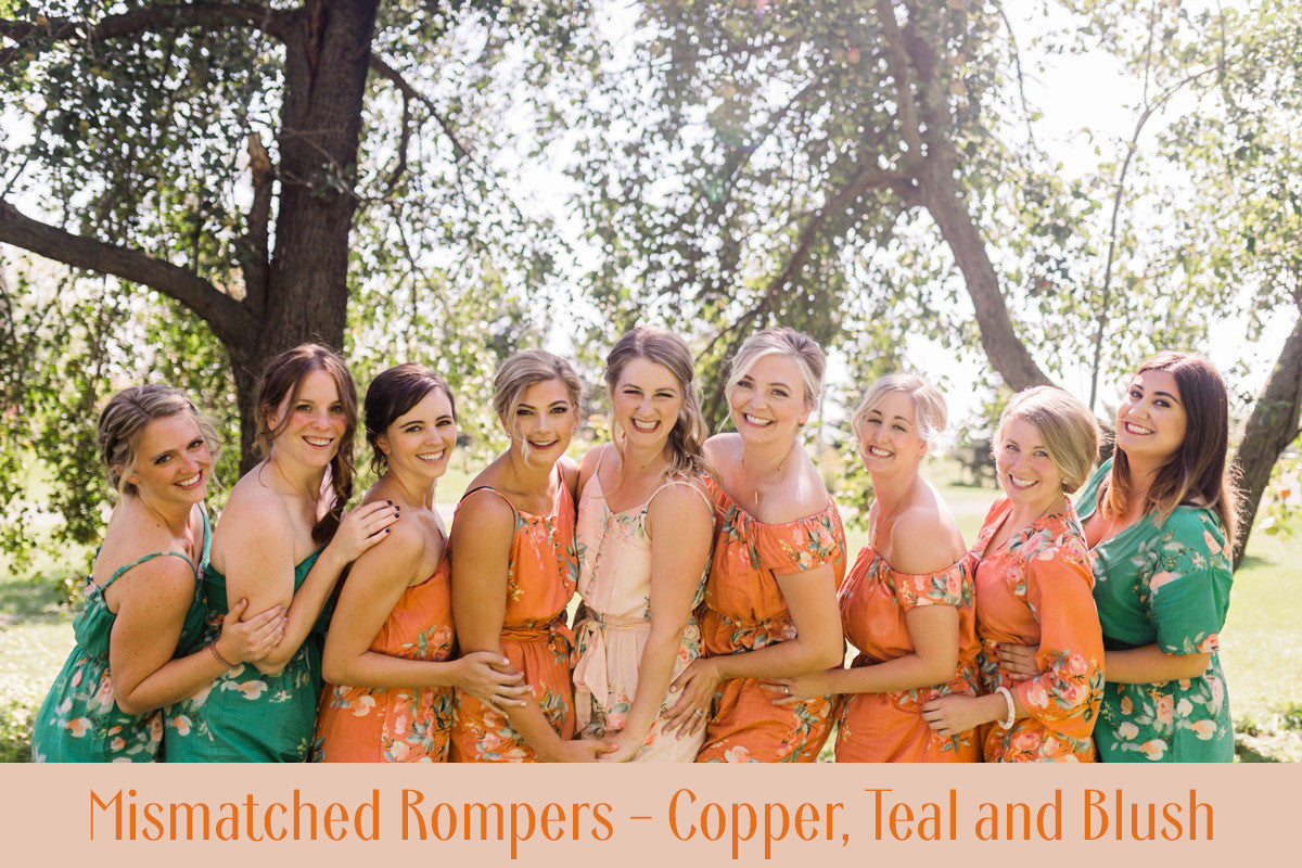 Mint Mismatched Styles Bridesmaids Rompers in Dreamy Angel Song Pattern