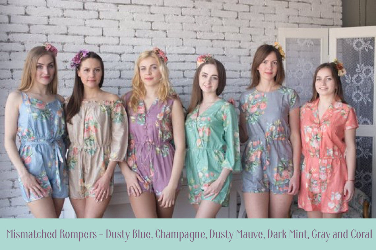 Dusty Rose Mismatched Styles Bridesmaids Rompers in Dreamy Angel Song Pattern