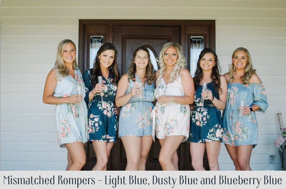 Copper, Teal and Blush Mismatched Styles Bridesmaids Rompers in Dreamy Angel Song Pattern