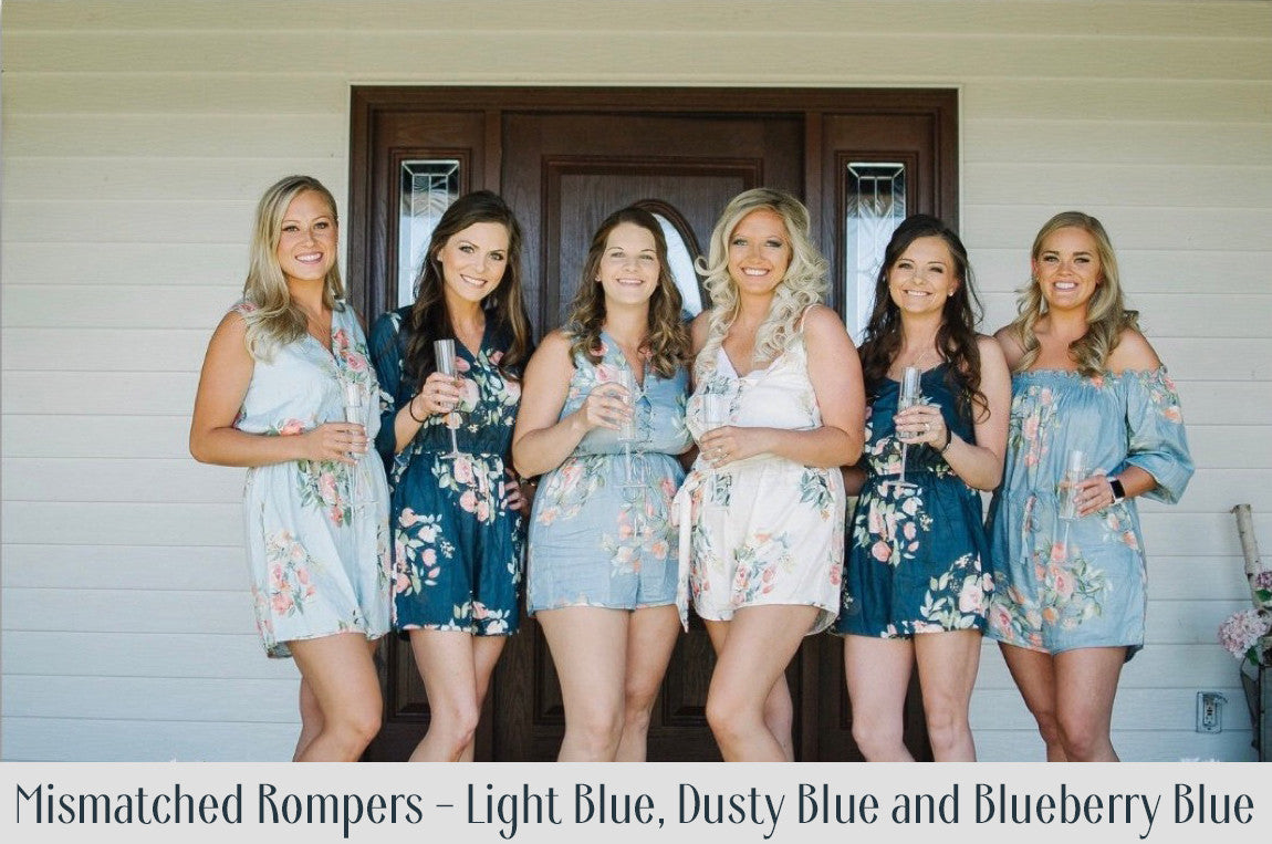Light Blue And Coral Off the shoulder Style Bridesmaids Rompers in Dreamy Angel Song Pattern