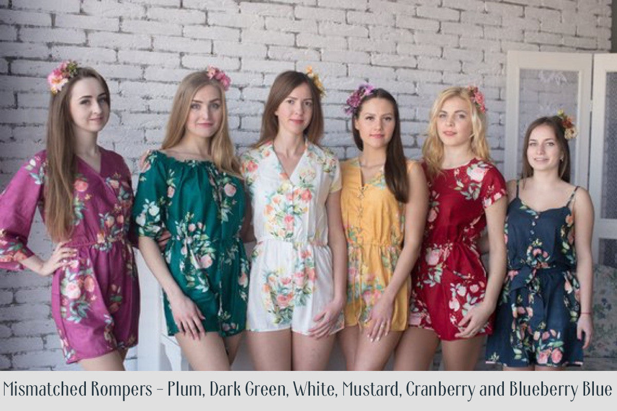 Grayed Jade Mismatched Styles Bridesmaids Rompers in Dreamy Angel Song Pattern