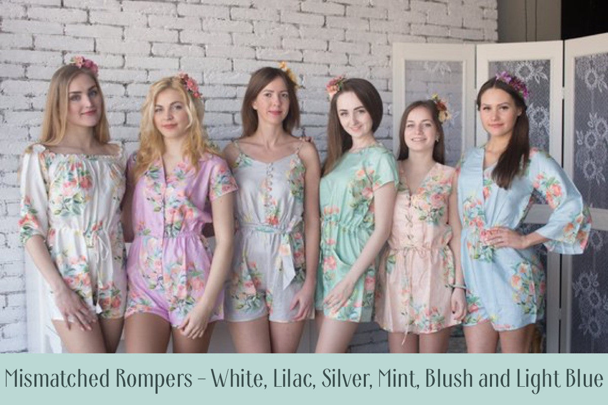 Dusty Rose Mismatched Styles Bridesmaids Rompers in Dreamy Angel Song Pattern