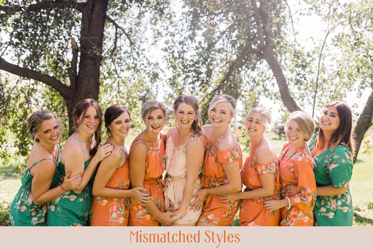 Blush Mismatched Styles Bridesmaids Rompers in Dreamy Angel Song Pattern