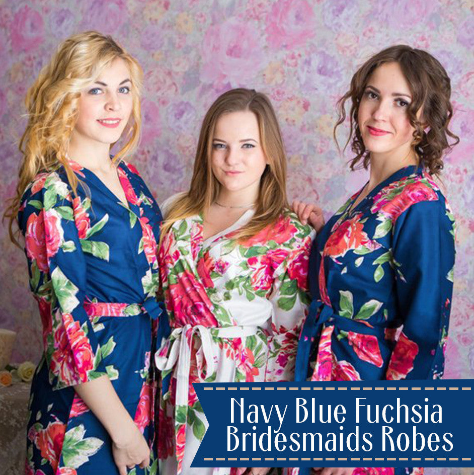 Pink  Large Fuchsia Floral Blossoms  Set of Bridesmaids Robes