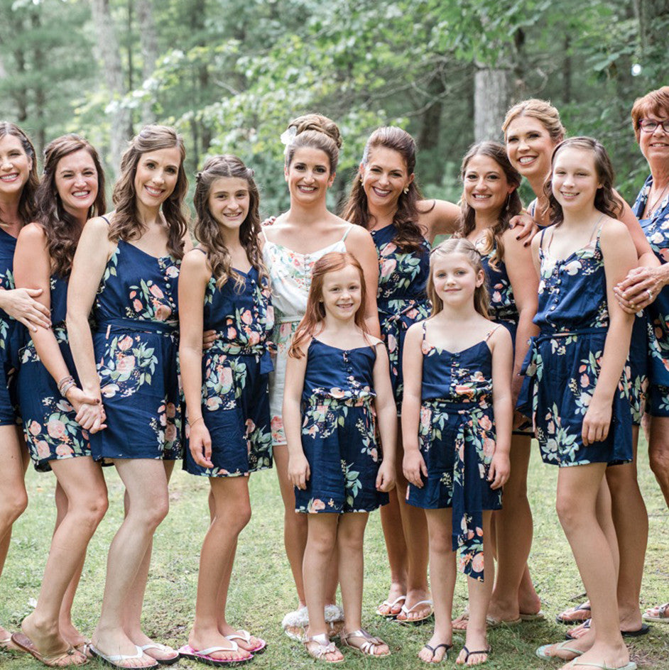 Navy Blue Belted Slip Style Bridesmaids Rompers in Dreamy Angel Song Pattern