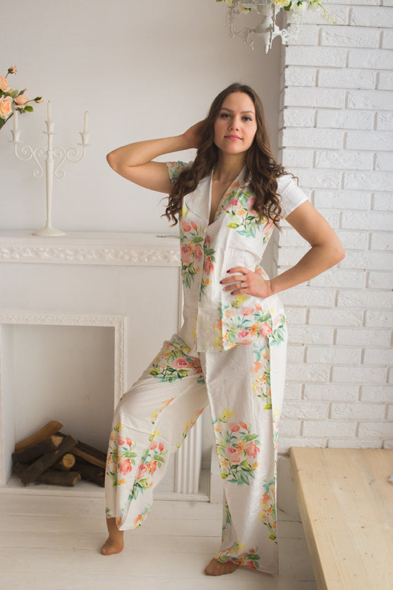 Notched Collar Long Style PJs in Angel Song Pattern