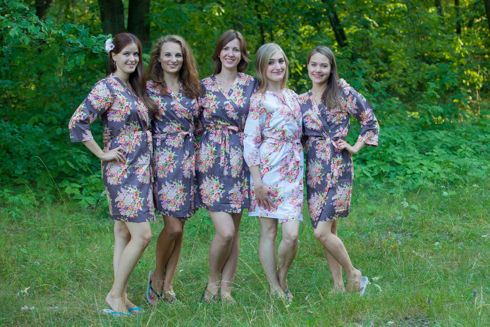 Taupe Brown Floral Posy Robes for bridesmaids | Getting Ready Bridal Robes