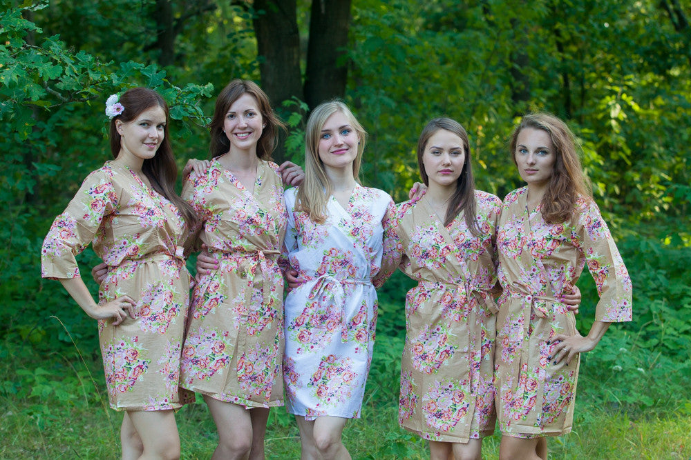 Tan Floral Posy Robes for bridesmaids | Getting Ready Bridal Robes