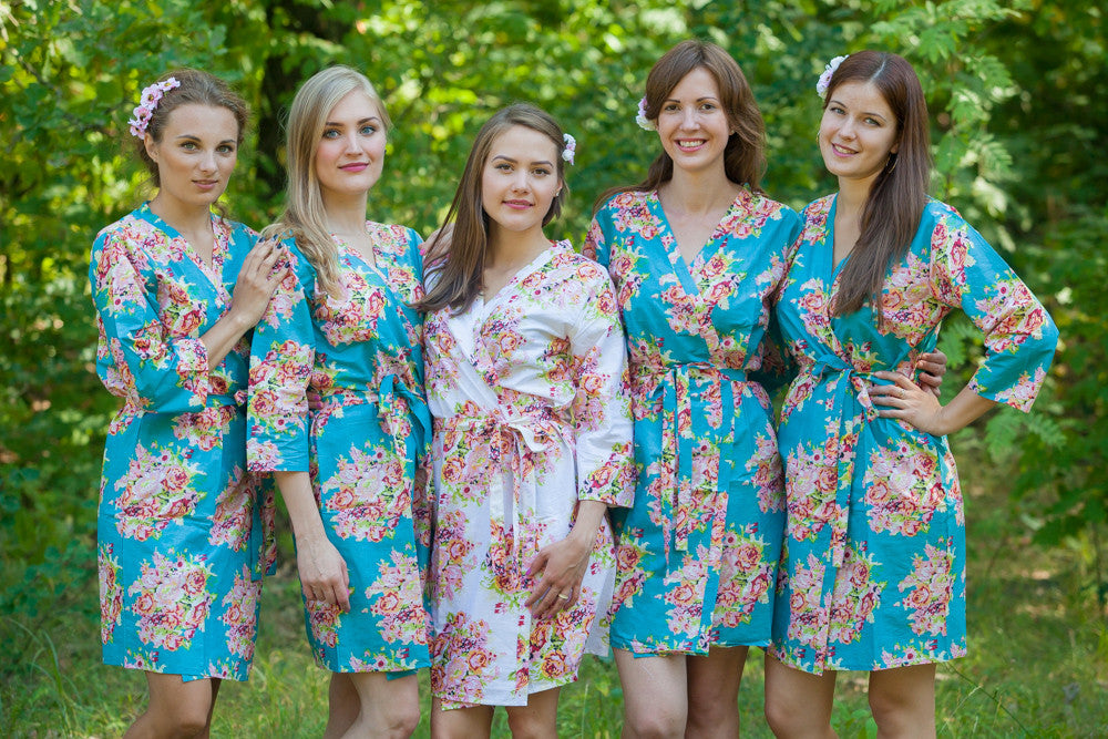 Turquoise Floral Posy Robes for bridesmaids | Getting Ready Bridal Robes