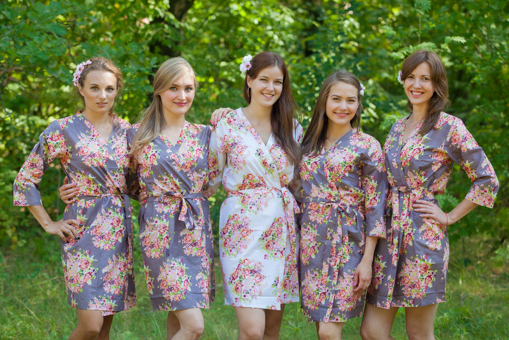 Charcoal Gray Floral Posy Robes for bridesmaids – robesbysilkandmore