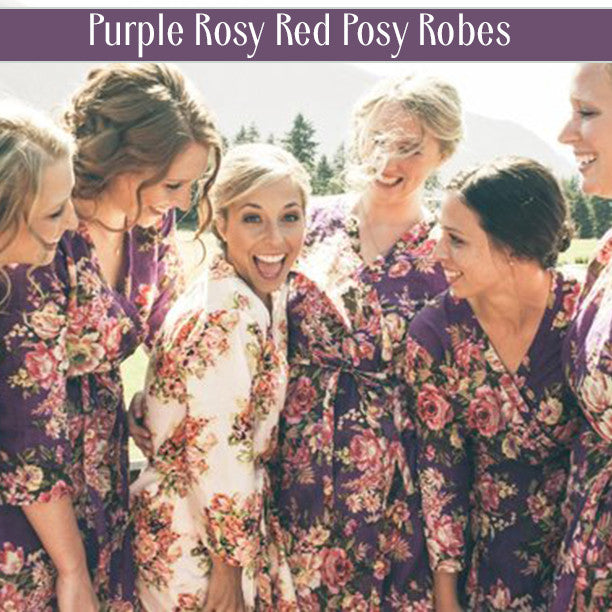 Set of 6 Bridesmaids Robes in Navy Blue Red Rosy Posy- Floral wedding Robes 
